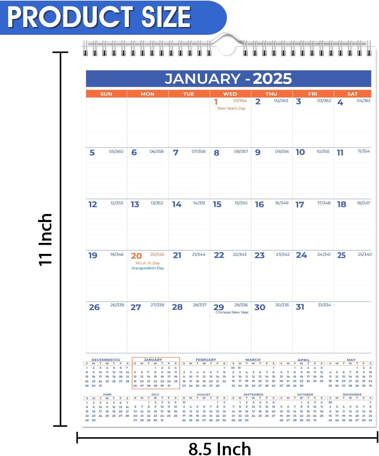 2025 Wall Calendar - January 2025 - December 2025, 12 Monthly Hanging Calendar, 2025 Planner, A4 Size 8.5" X 11", Spiral Binding, Holidays, Julian Dates, Large Blocks, Twin-Wire Binding, Hanging Hook, (1 Pack)