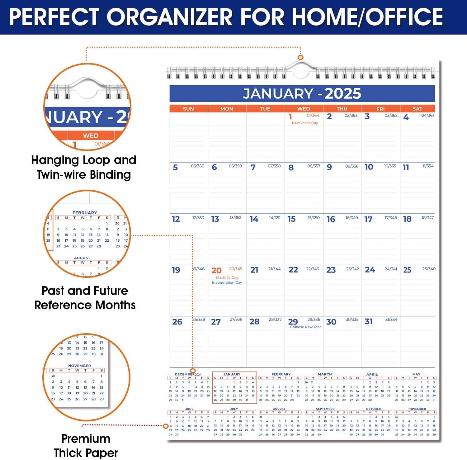 2025 Wall Calendar - January 2025 - December 2025, 12 Monthly Hanging Calendar, 2025 Planner, A4 Size 8.5" X 11", Spiral Binding, Holidays, Julian Dates, Large Blocks, Twin-Wire Binding, Hanging Hook, (1 Pack)