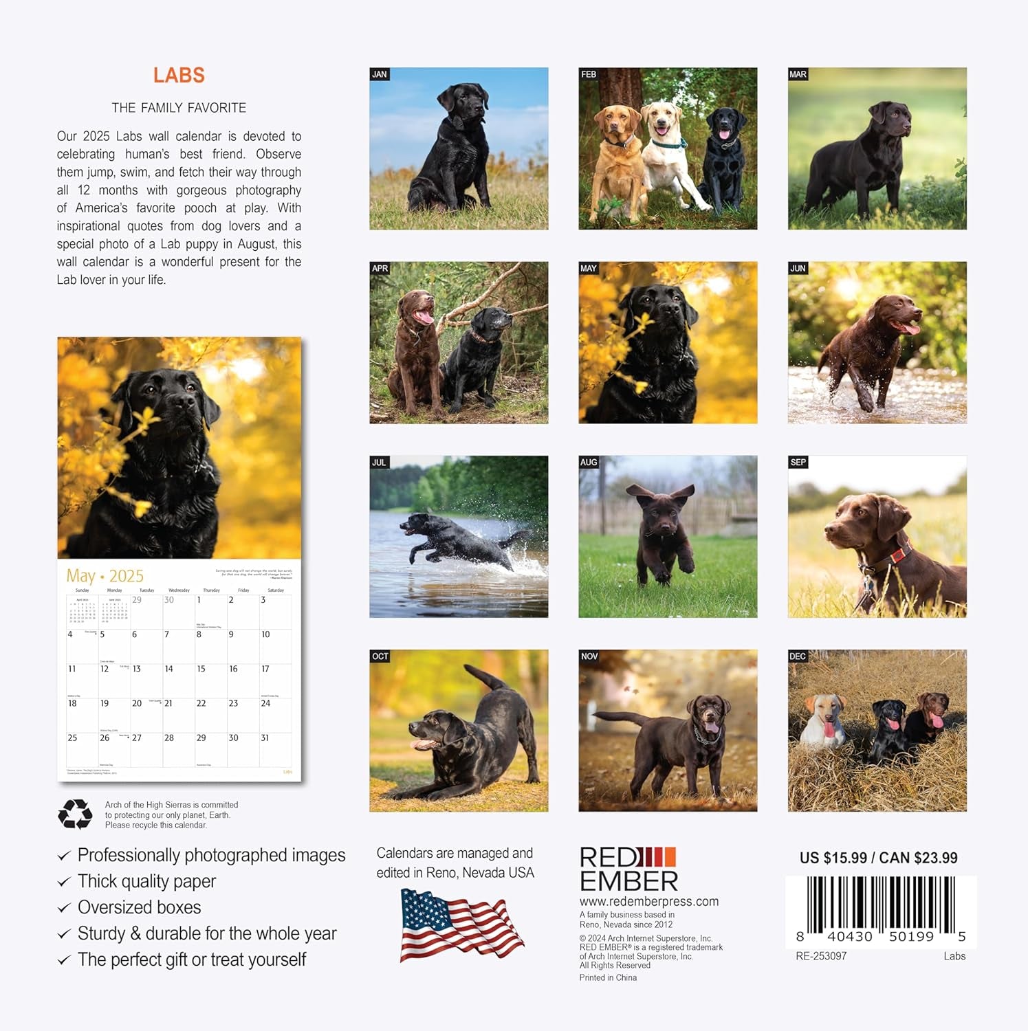 Labs 2025 Wall Calendar 12 Month | 12" X 24" Open | Thick & Sturdy Paper | Giftable | Calendar 2025