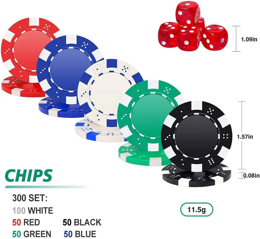 300 Chips Poker Set in Aluminum Case , Chips Weight 11.5 Gram , plus 2 Decks of Cards and 5 Dice